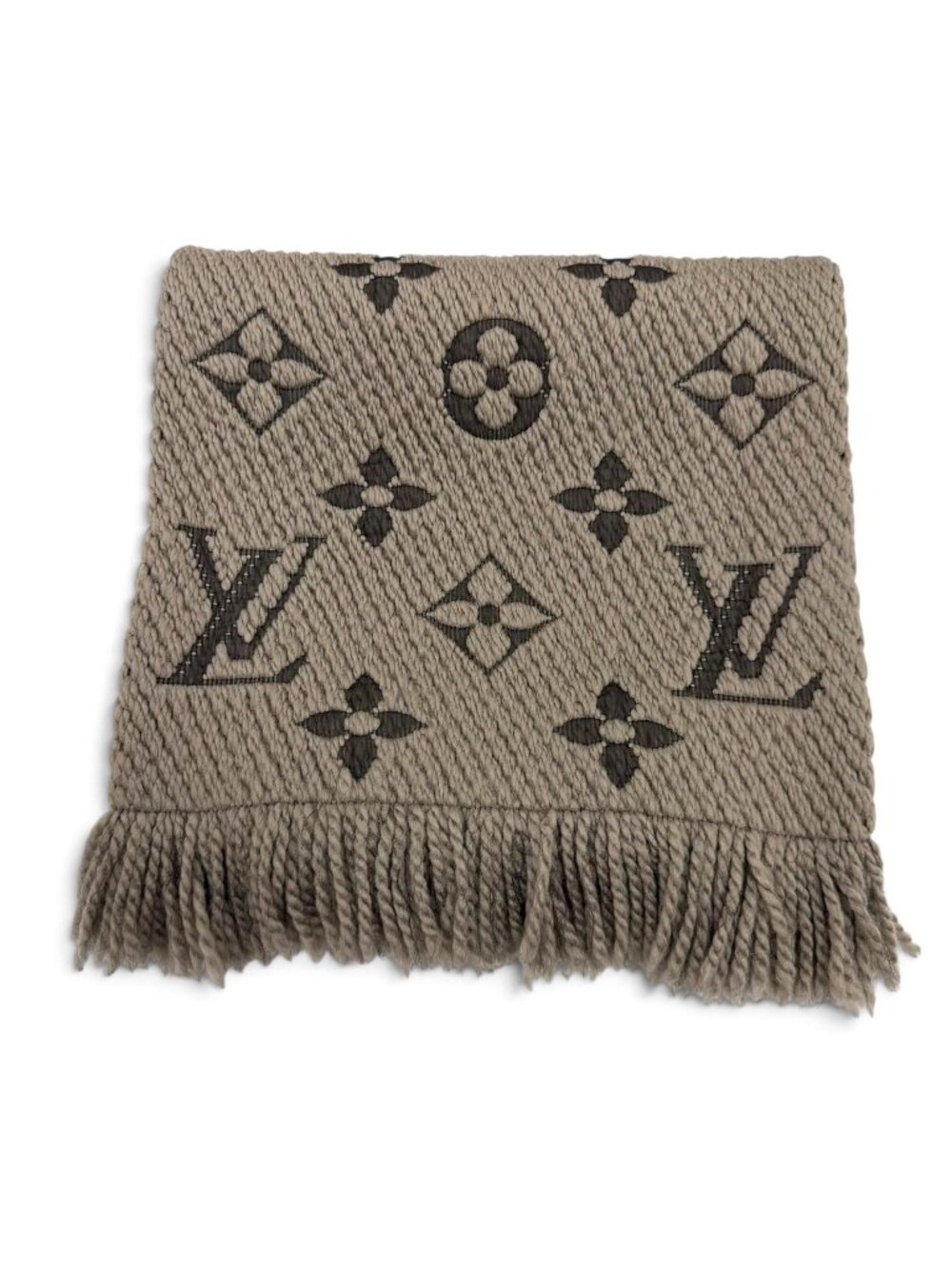 Louis Vuitton Logomania Scarf Monogram Wool Silk Fringed Greige